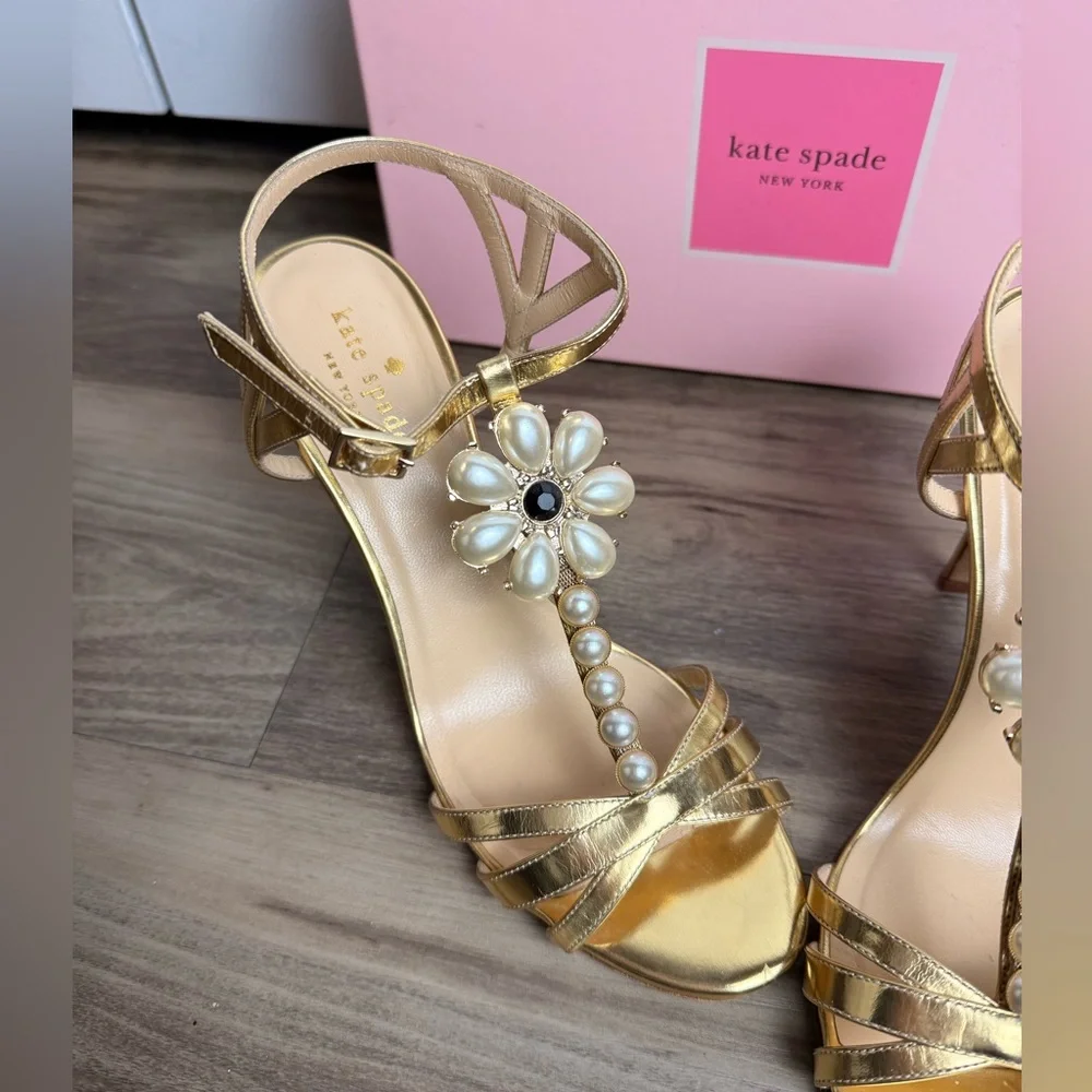 RARE Kate Spade Made In Italy Gold Pearl‎ Floral Heels 8.5B Stiletto